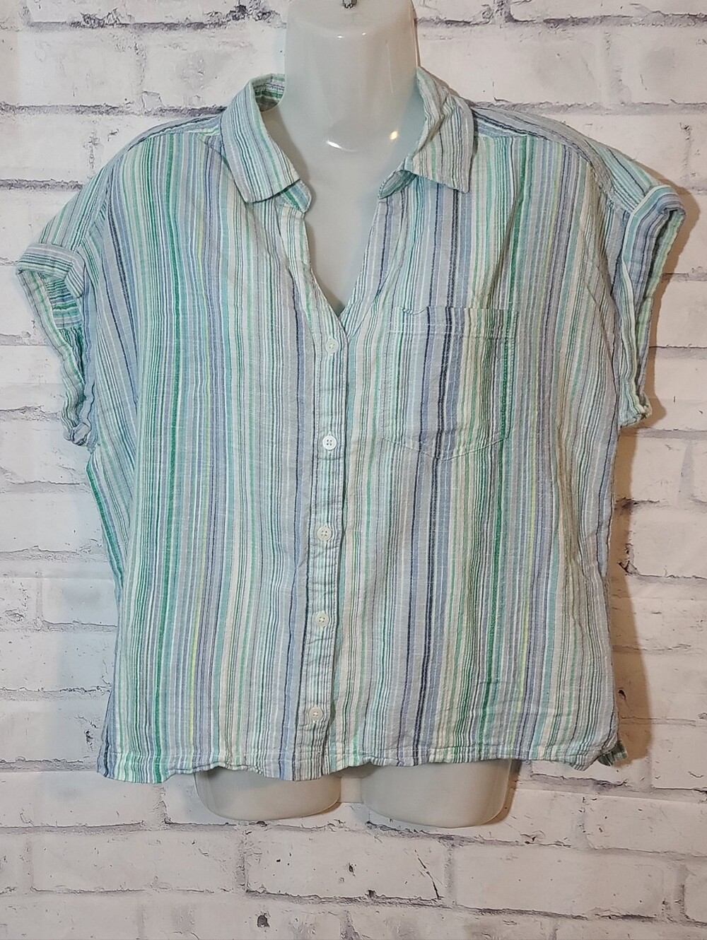 Dash Women's Striped Boxy Fit Button-Up Cap Sleeve Top Blue Green White M